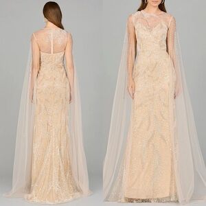 LARA Long Cape Beaded Gown in Champagne/Ivory 6